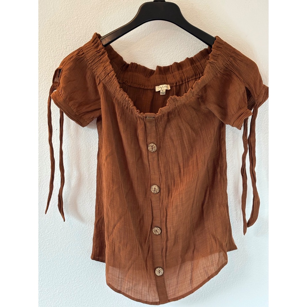Lily White Rust Brown Off The Shoulder Tie Sleeve Button Front Gauze Top Medium